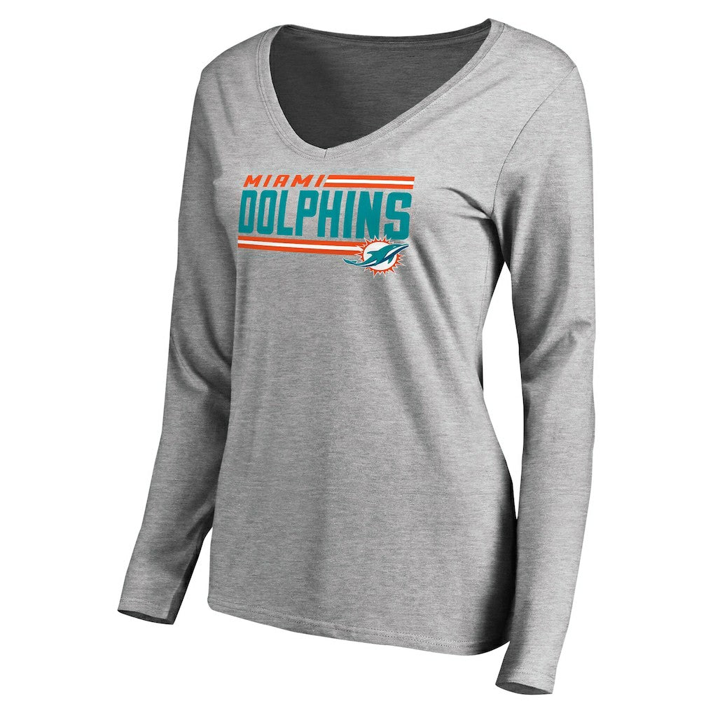 Miami Dolphins Women's Iconic Collection On Side Stripe Long Sleeve V-Neck T-Shirt Ash - NFL