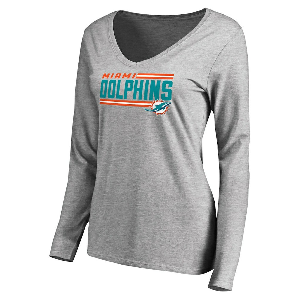 Miami Dolphins Women's Iconic Collection On Side Stripe Long Sleeve V-Neck T-Shirt Ash - NFL