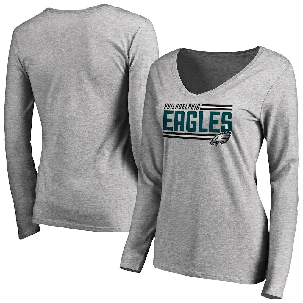 Philadelphia Eagles Women's Iconic Collection On Side Stripe Long Sleeve V-Neck T-Shirt Ash - NFL