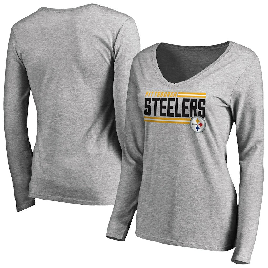 Pittsburgh Steelers Women's Iconic Collection On Side Stripe Long Sleeve V-Neck T-Shirt Ash - NFL