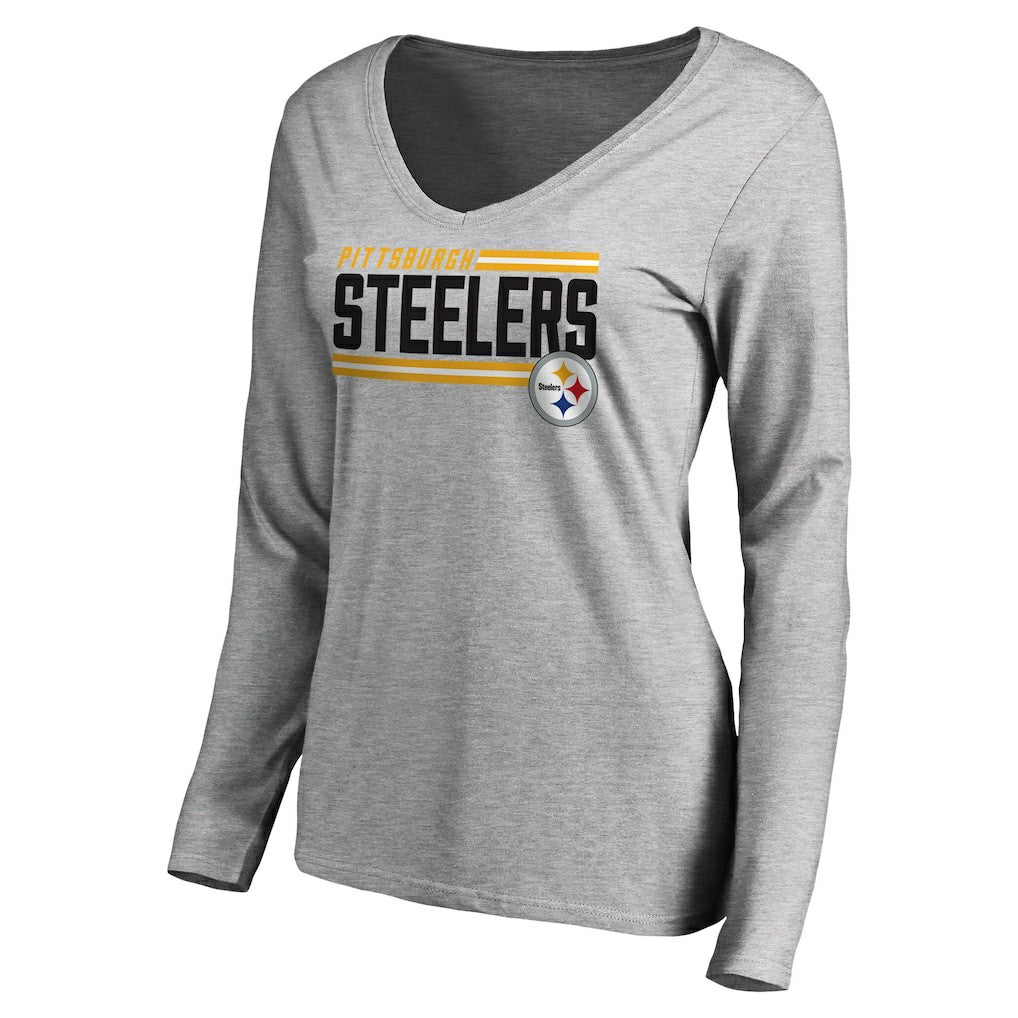 Pittsburgh Steelers Women's Iconic Collection On Side Stripe Long Sleeve V-Neck T-Shirt Ash - NFL