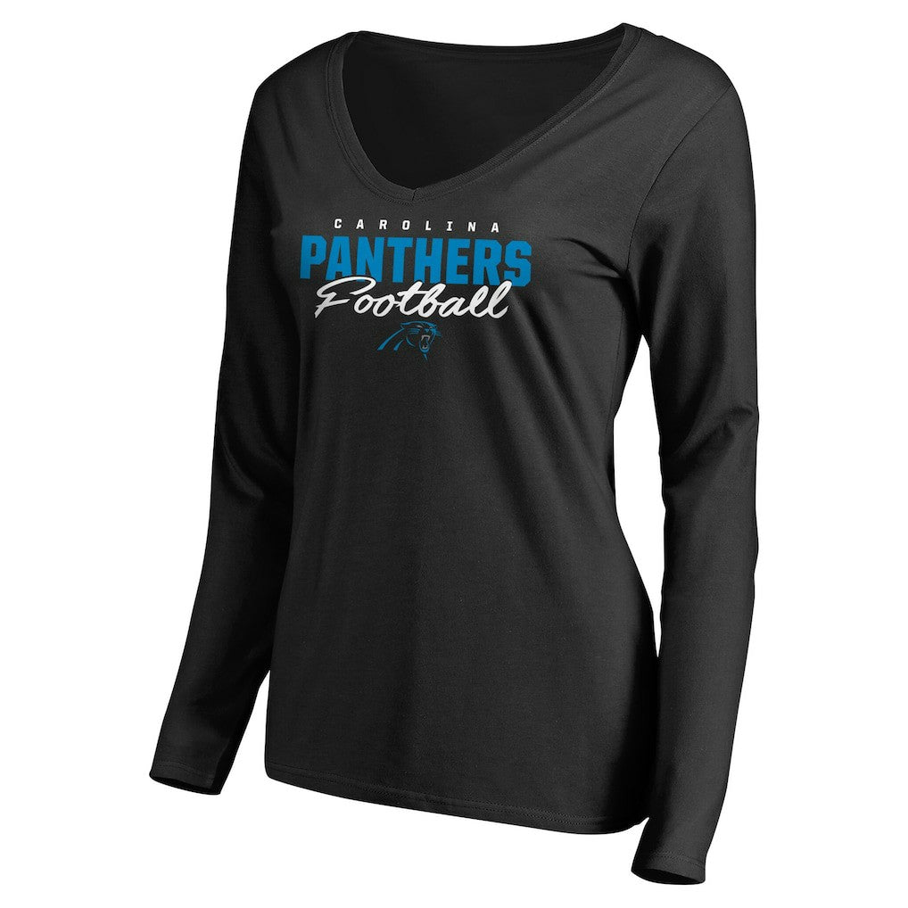 Carolina Panthers Women's Iconic Collection Script Assist Long Sleeve V-Neck T-Shirt Black - NFL