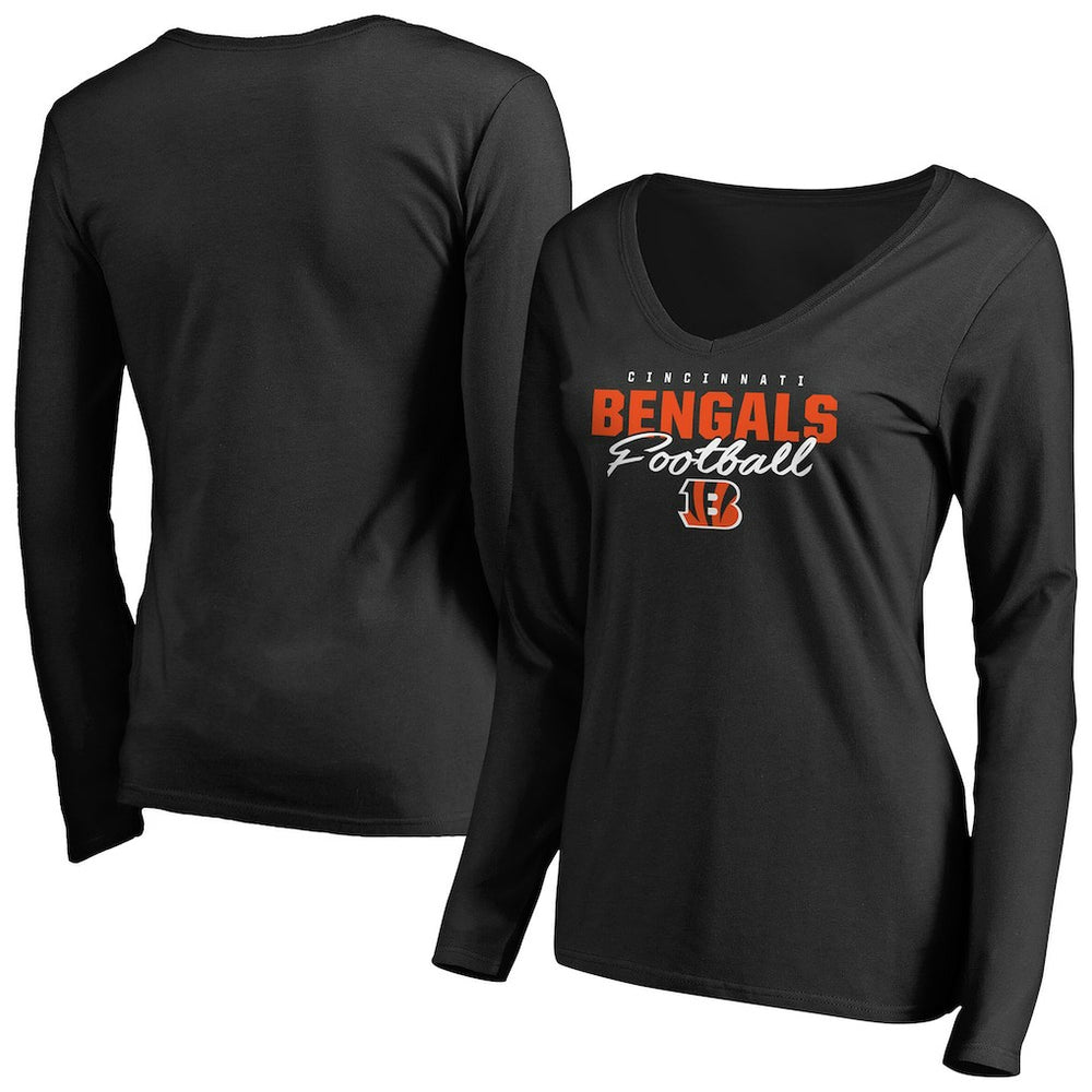 Cincinnati Bengals Women's Iconic Collection Script Assist Long Sleeve V-Neck T-Shirt Black - NFL