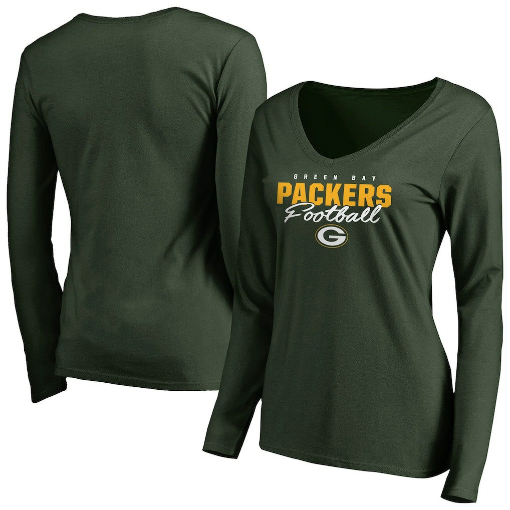 Green Bay Packers Women's Iconic Collection Script Assist Long Sleeve V-Neck T-Shirt Green - NFL