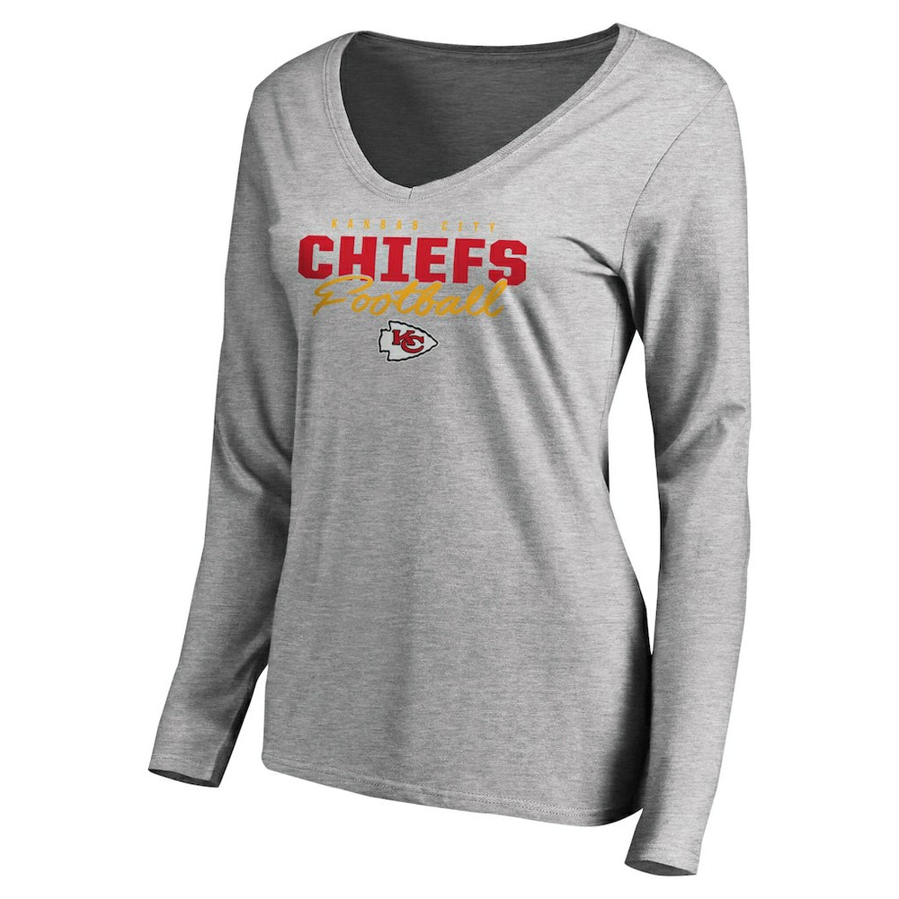 Kansas City Chiefs Women's Iconic Collection Script Assist Long Sleeve V-Neck T-Shirt Ash - NFL