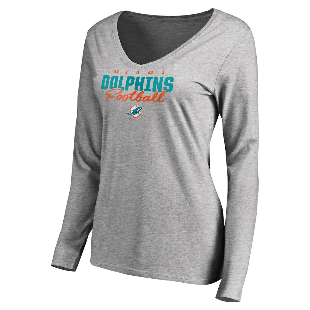 Miami Dolphins Women's Iconic Collection Script Assist Long Sleeve V-Neck T-Shirt Ash - NFL