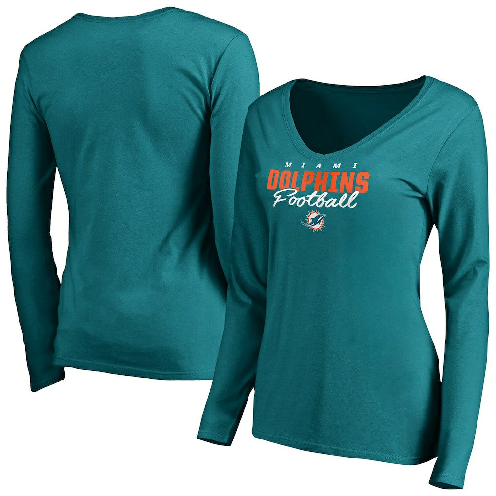 Miami Dolphins Women's Iconic Collection Script Assist Long Sleeve V-Neck T-Shirt Aqua - NFL