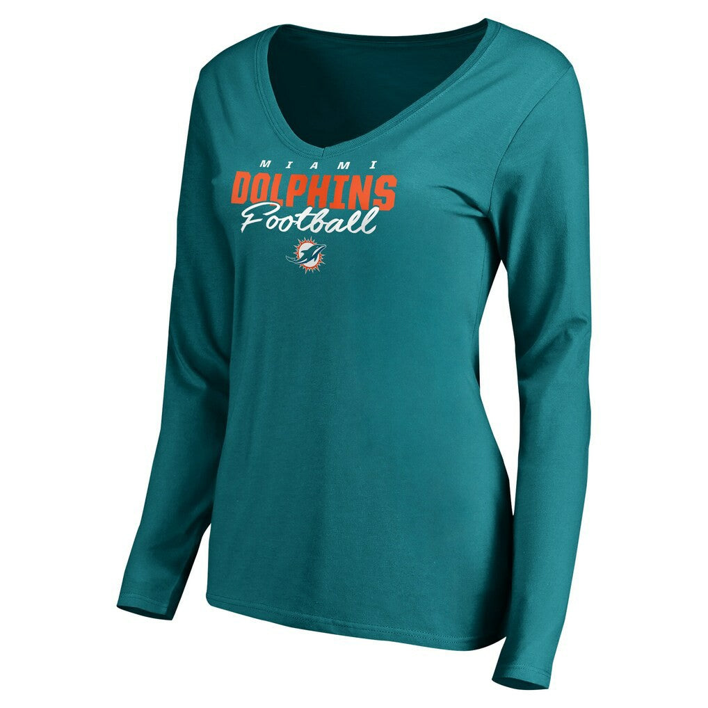 Miami Dolphins Women's Iconic Collection Script Assist Long Sleeve V-Neck T-Shirt Aqua - NFL