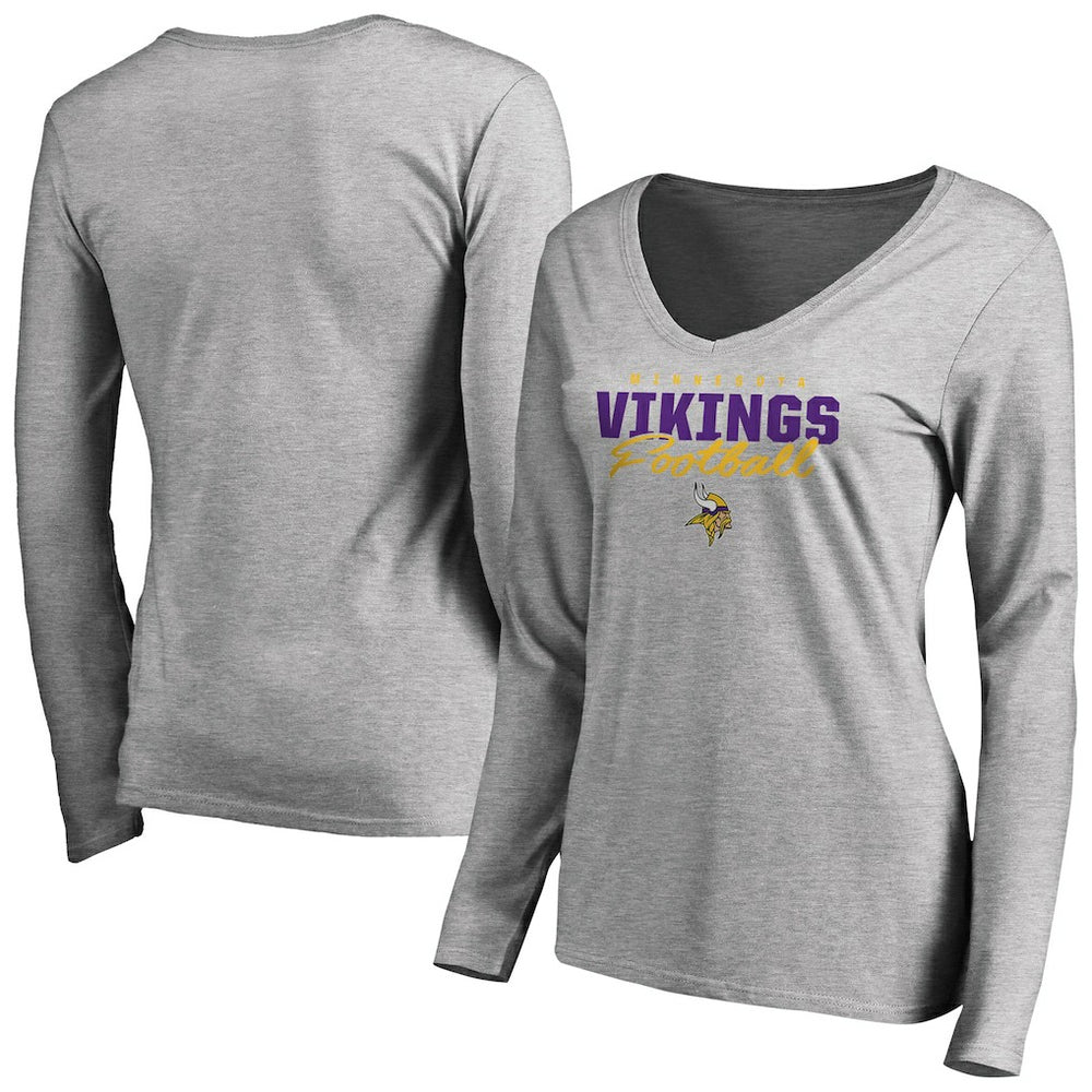Minnesota Vikings Women's Iconic Collection Script Assist Long Sleeve V-Neck T-Shirt Ash - NFL