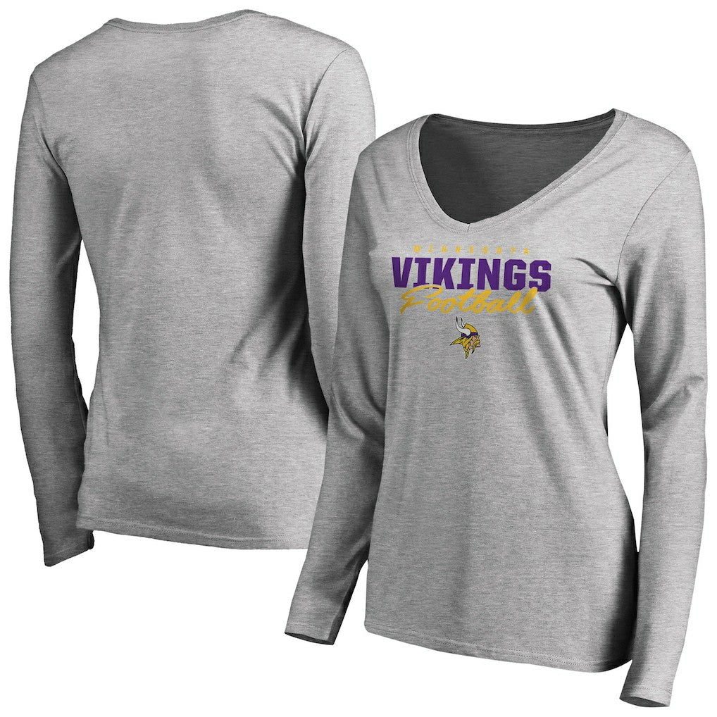 Minnesota Vikings Women's Iconic Collection Script Assist Long Sleeve V-Neck T-Shirt Ash - NFL