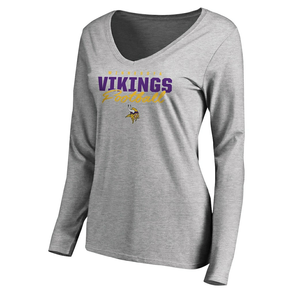 Minnesota Vikings Women's Iconic Collection Script Assist Long Sleeve V-Neck T-Shirt Ash - NFL