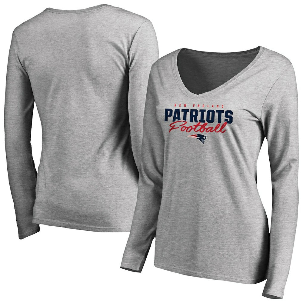 New England Patriots Women's Iconic Collection Script Assist Long Sleeve V-Neck T-Shirt Ash - NFL