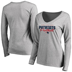 New England Patriots Women's Iconic Collection Script Assist Long Sleeve V-Neck T-Shirt Ash - NFL
