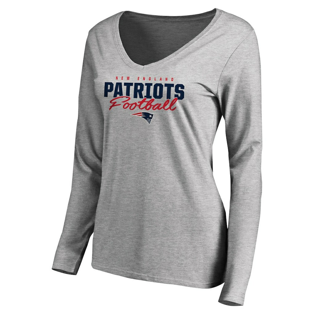 New England Patriots Women's Iconic Collection Script Assist Long Sleeve V-Neck T-Shirt Ash - NFL