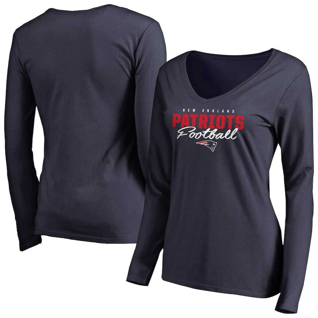 New England Patriots Women's Iconic Collection Script Assist Long Sleeve V-Neck T-Shirt Navy - NFL