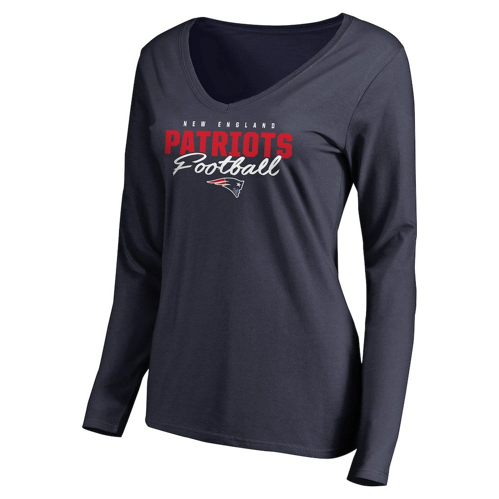 New England Patriots Women's Iconic Collection Script Assist Long Sleeve V-Neck T-Shirt Navy - NFL