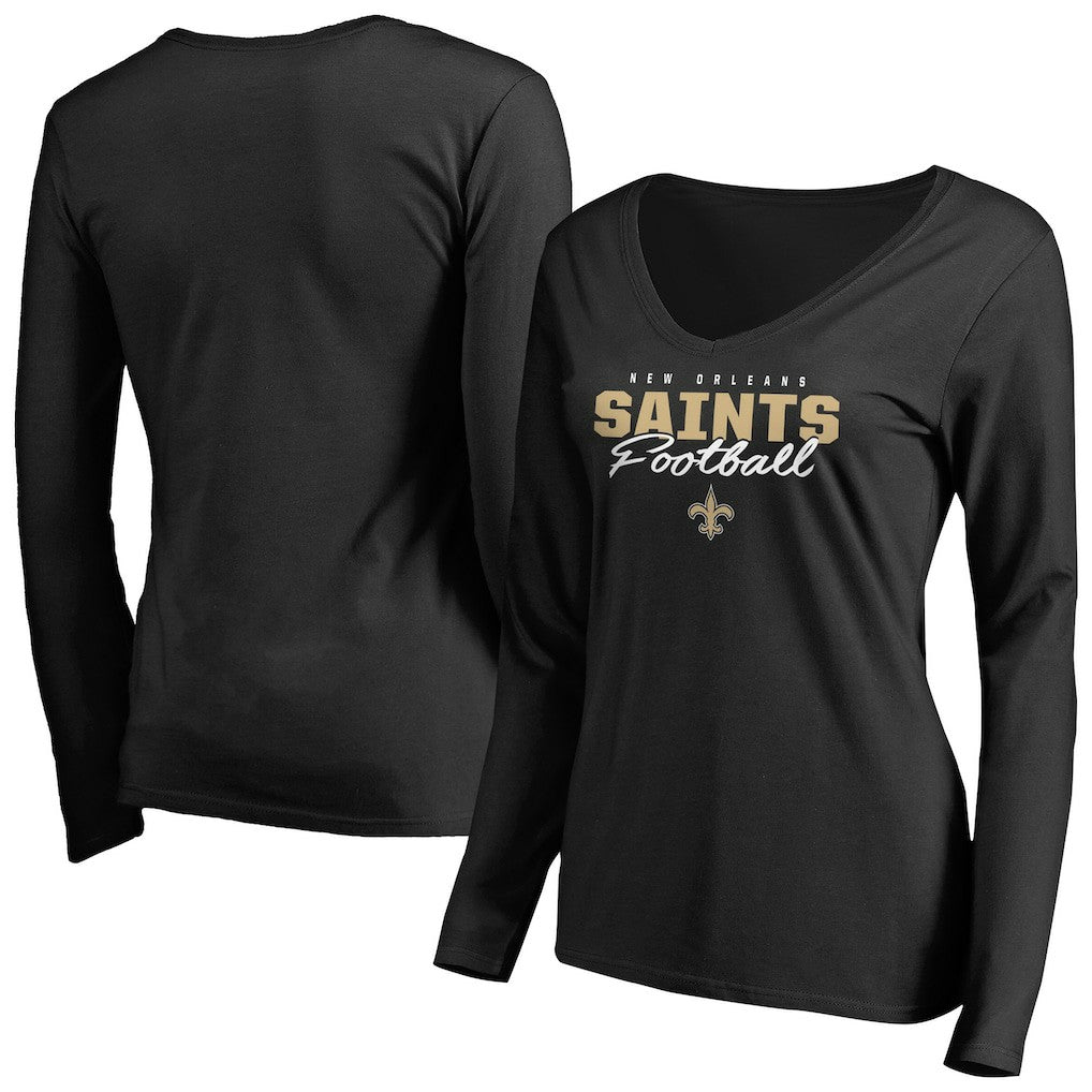 New Orleans Saints Women's Iconic Collection Script Assist Long Sleeve V-Neck T-Shirt Black - NFL