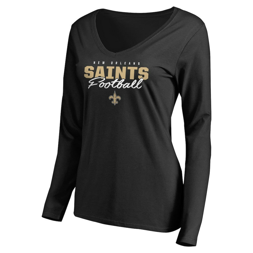 New Orleans Saints Women's Iconic Collection Script Assist Long Sleeve V-Neck T-Shirt Black - NFL
