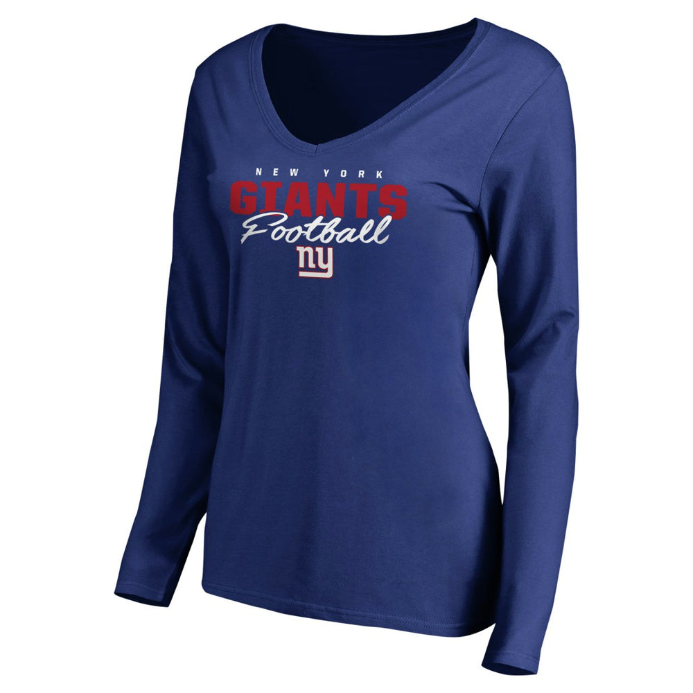 New York Giants Women's Iconic Collection Script Assist Long Sleeve V-Neck T-Shirt Royal - NFL