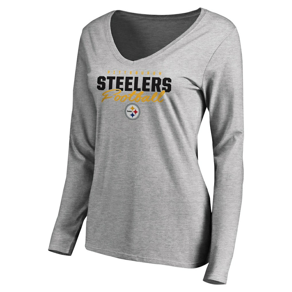 Pittsburgh Steelers Women's Iconic Collection Script Assist Long Sleeve V-Neck T-Shirt Ash - NFL
