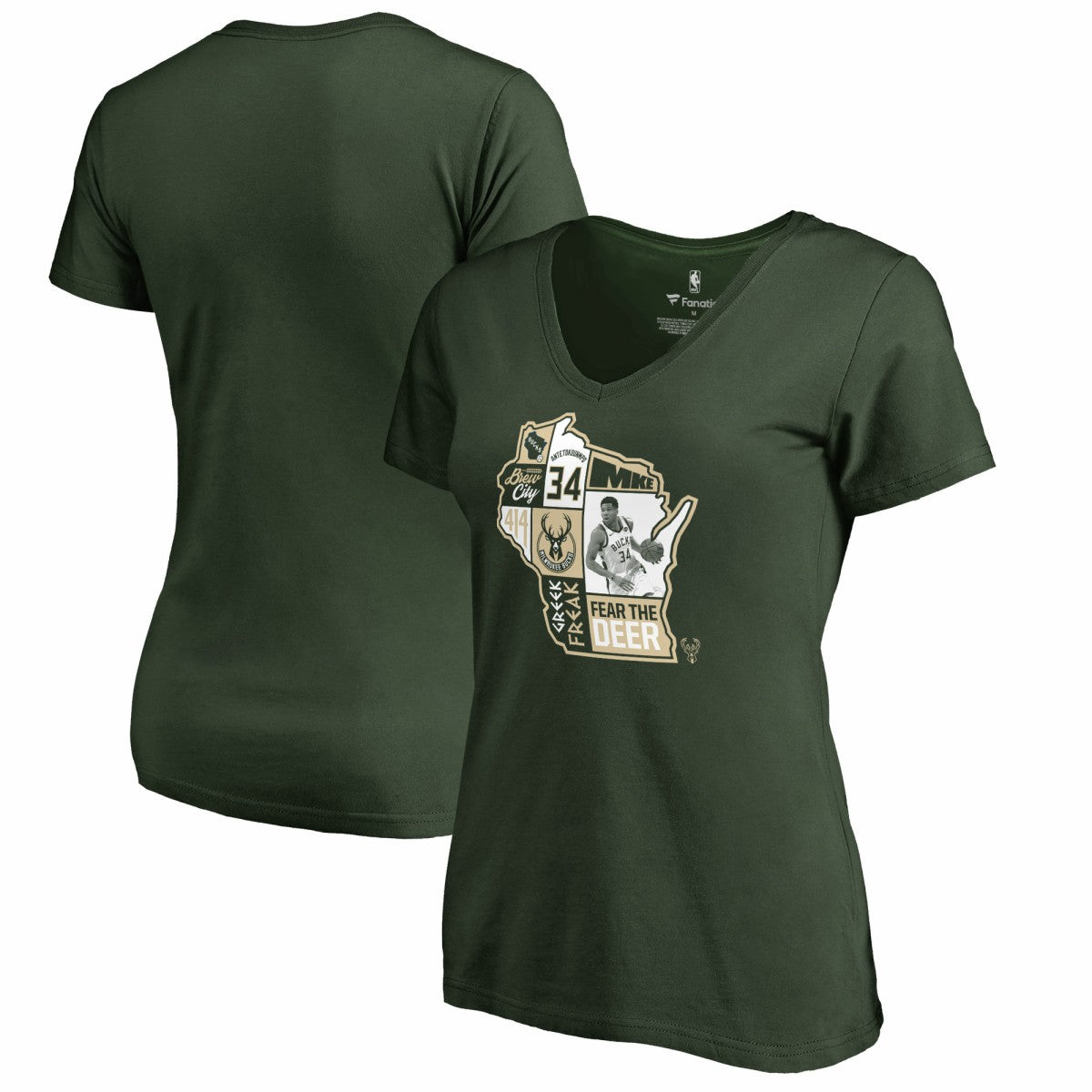 NBA - Giannis Antetokounmpo Milwaukee Bucks Women's Player State V-Neck T-Shirt - Hunter Green