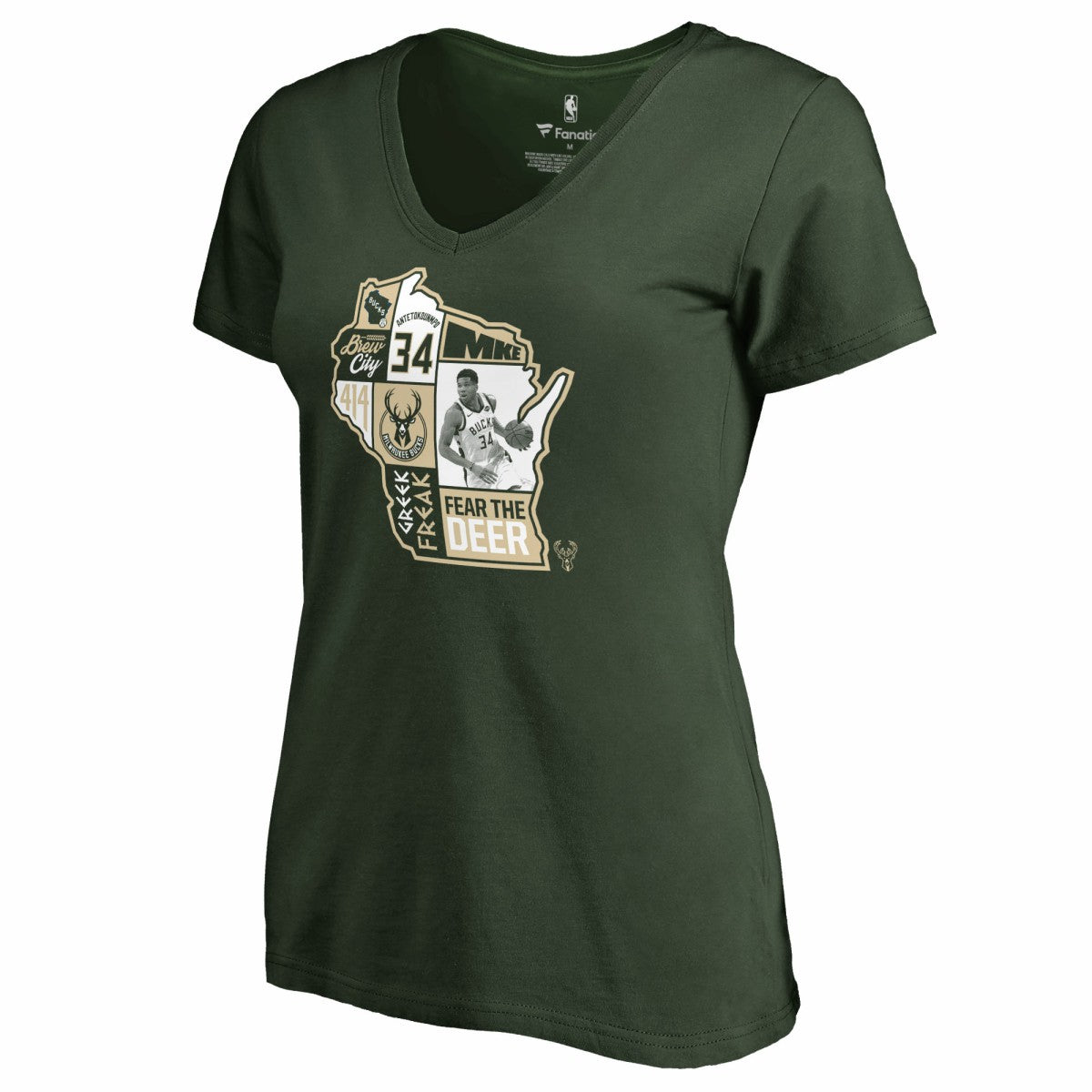 NBA - Giannis Antetokounmpo Milwaukee Bucks Women's Player State V-Neck T-Shirt - Hunter Green