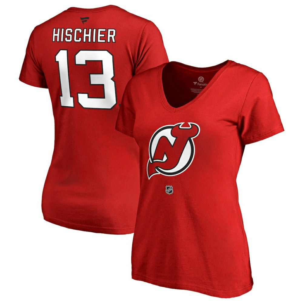 Nico Hischier New Jersey Devils - Women's Authentic Stack Name & Number V-Neck T-Shirt Red