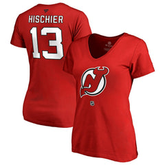 Nico Hischier New Jersey Devils - Women's Authentic Stack Name & Number V-Neck T-Shirt Red