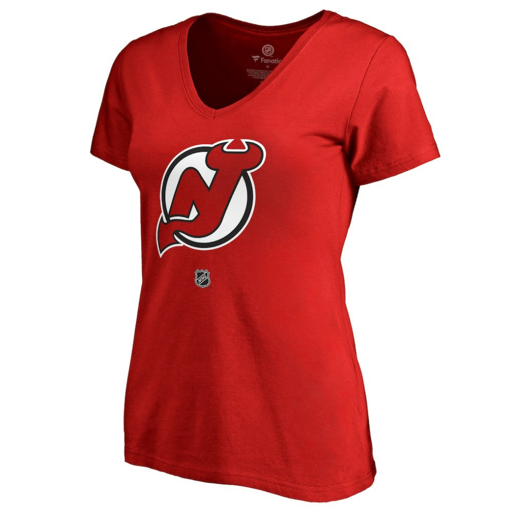 Nico Hischier New Jersey Devils - Women's Authentic Stack Name & Number V-Neck T-Shirt Red