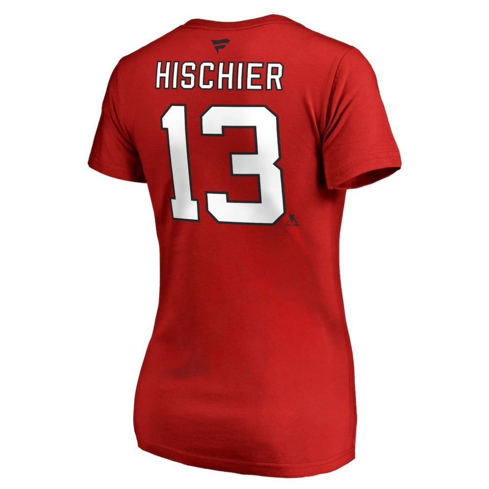 Nico Hischier New Jersey Devils - Women's Authentic Stack Name & Number V-Neck T-Shirt Red