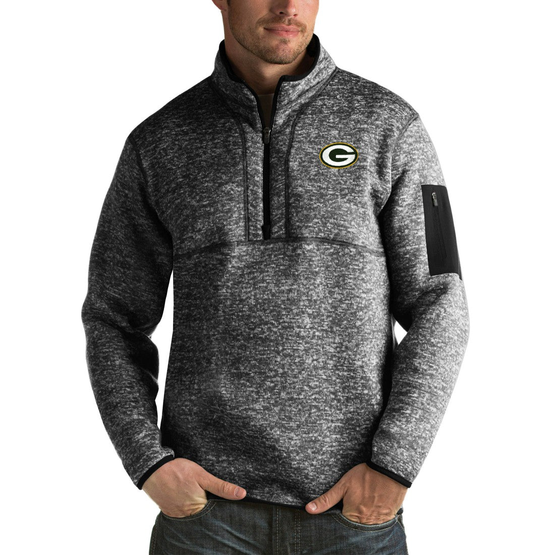 Green Bay Packers Antigua Fortune Big & Tall Quarter-Zip Pullover Jacket Heather Black - NFL