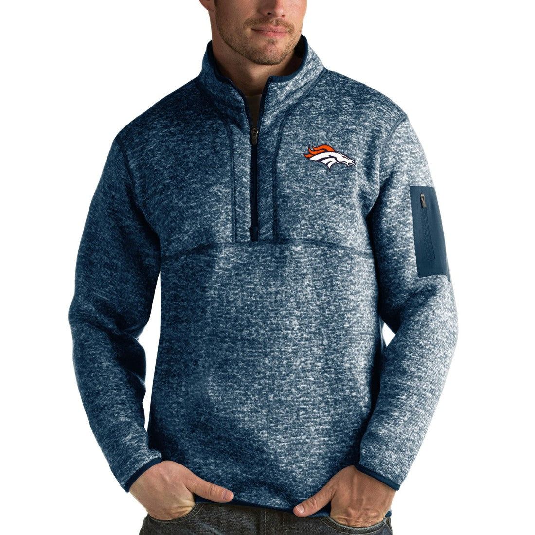 Denver Broncos Antigua Fortune Quarter-Zip Pullover Jacket Heather Navy - NFL