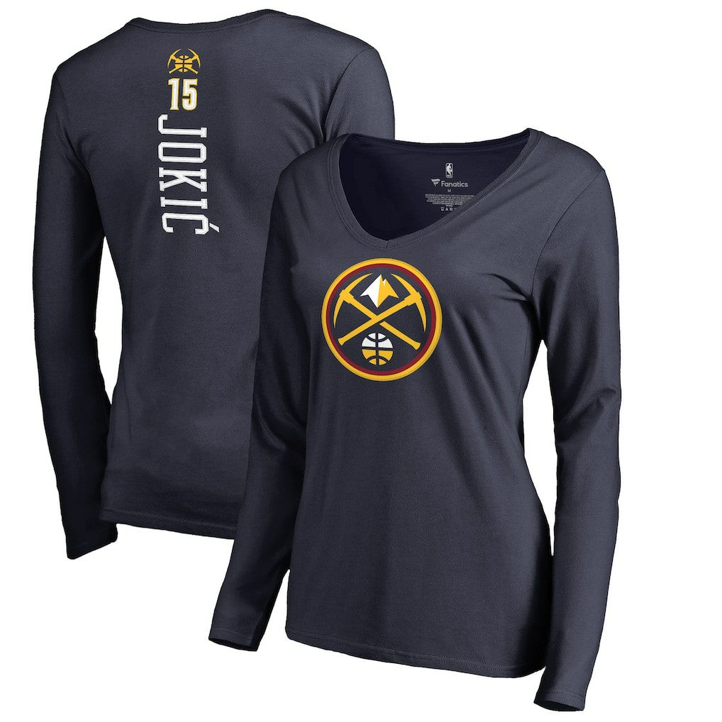 NBA - Nikola Jokic Denver Nuggets Women's Team Backer Name & Number Long Sleeve V-Neck T-Shirt - Navy
