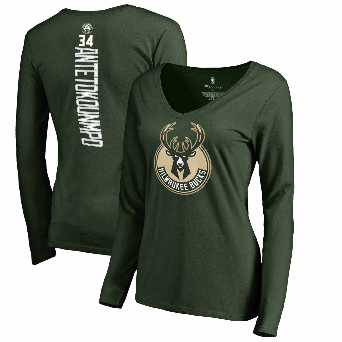 NBA - Giannis Antetokounmpo Milwaukee Bucks Women's Team Backer Name & Number Long Sleeve V-Neck T-Shirt - Hunter Green