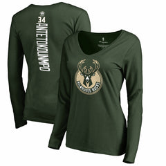 NBA - Giannis Antetokounmpo Milwaukee Bucks Women's Team Backer Name & Number Long Sleeve V-Neck T-Shirt - Hunter Green