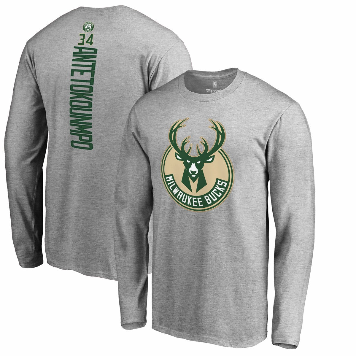 NBA - Giannis Antetokounmpo Milwaukee Bucks Team Backer Name & Number Long Sleeve T-Shirt - Heathered Gray