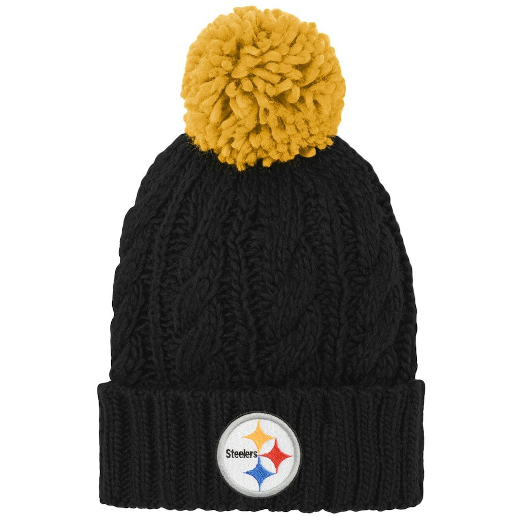 Pittsburgh Steelers Girls Youth Team Cable Cuffed Knit Hat with Pom Black - NFL