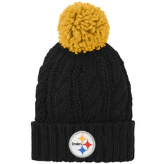 Pittsburgh Steelers Girls Youth Team Cable Cuffed Knit Hat with Pom Black - NFL
