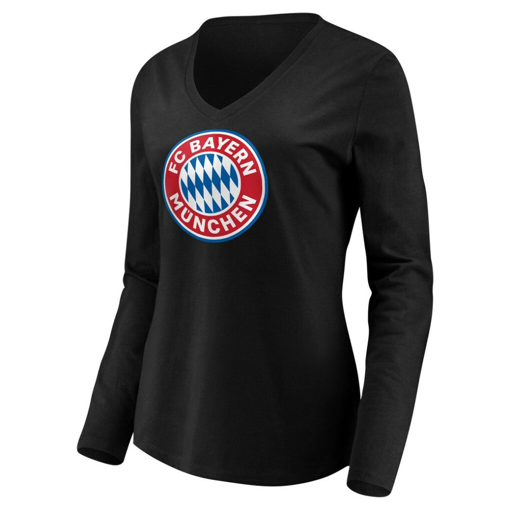 Bayern Munich Women's Logo Long Sleeve V-Neck T-Shirts - Black