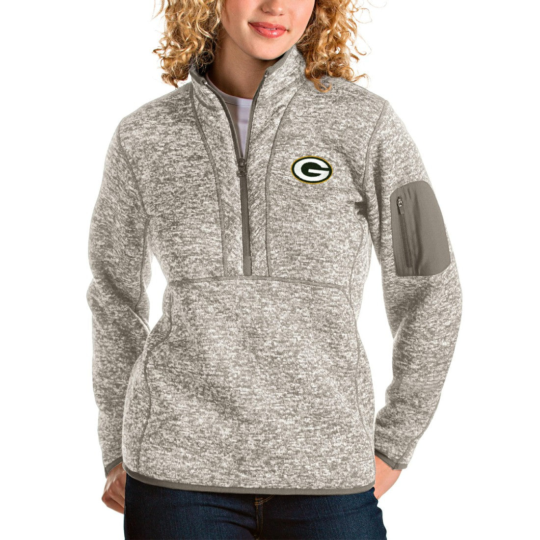 Green Bay Packers Antigua Women's Fortune Half-Zip Pullover Jacket Oatmeal - NFL