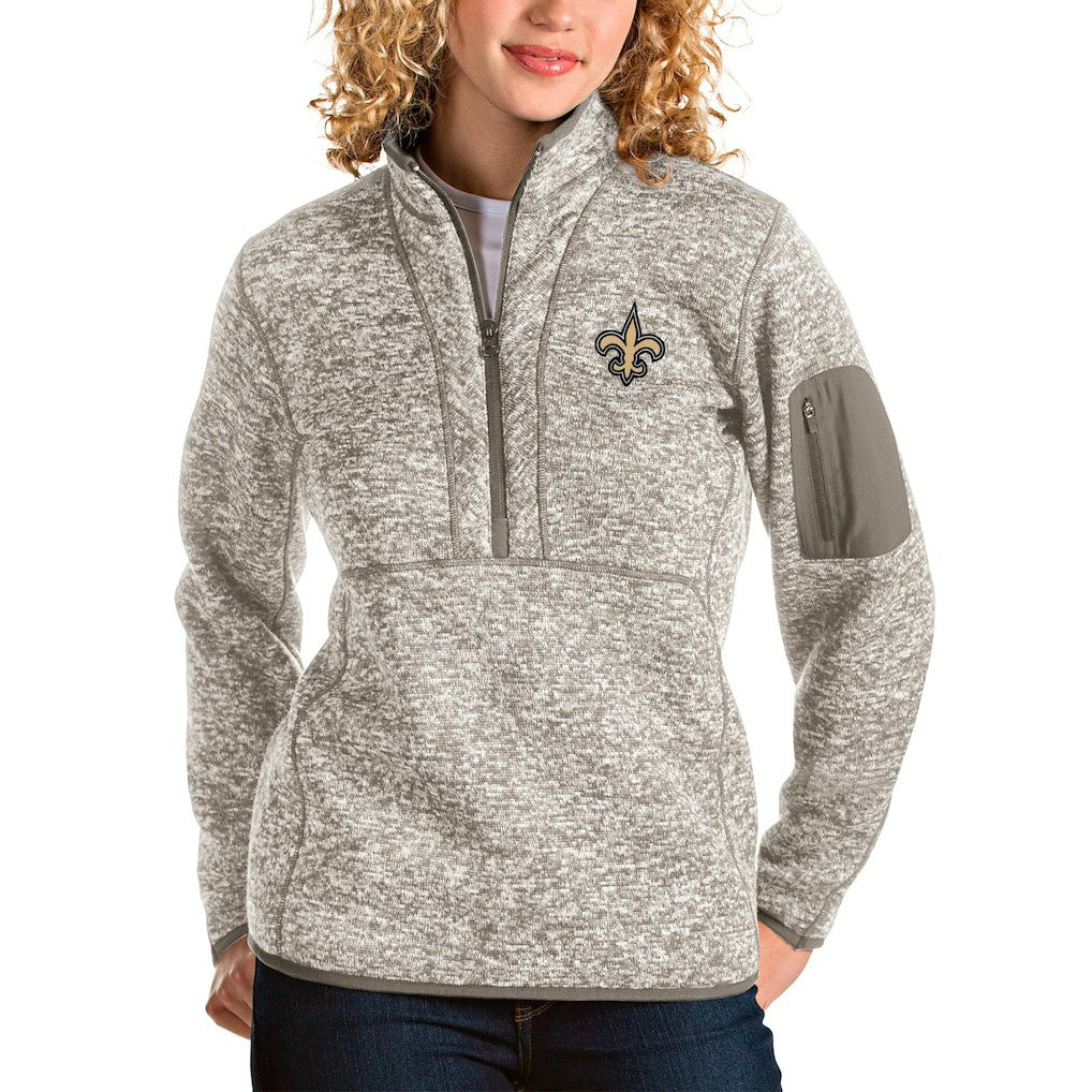 New Orleans Saints Antigua Women's Fortune Half-Zip Pullover Jacket Oatmeal - NFL