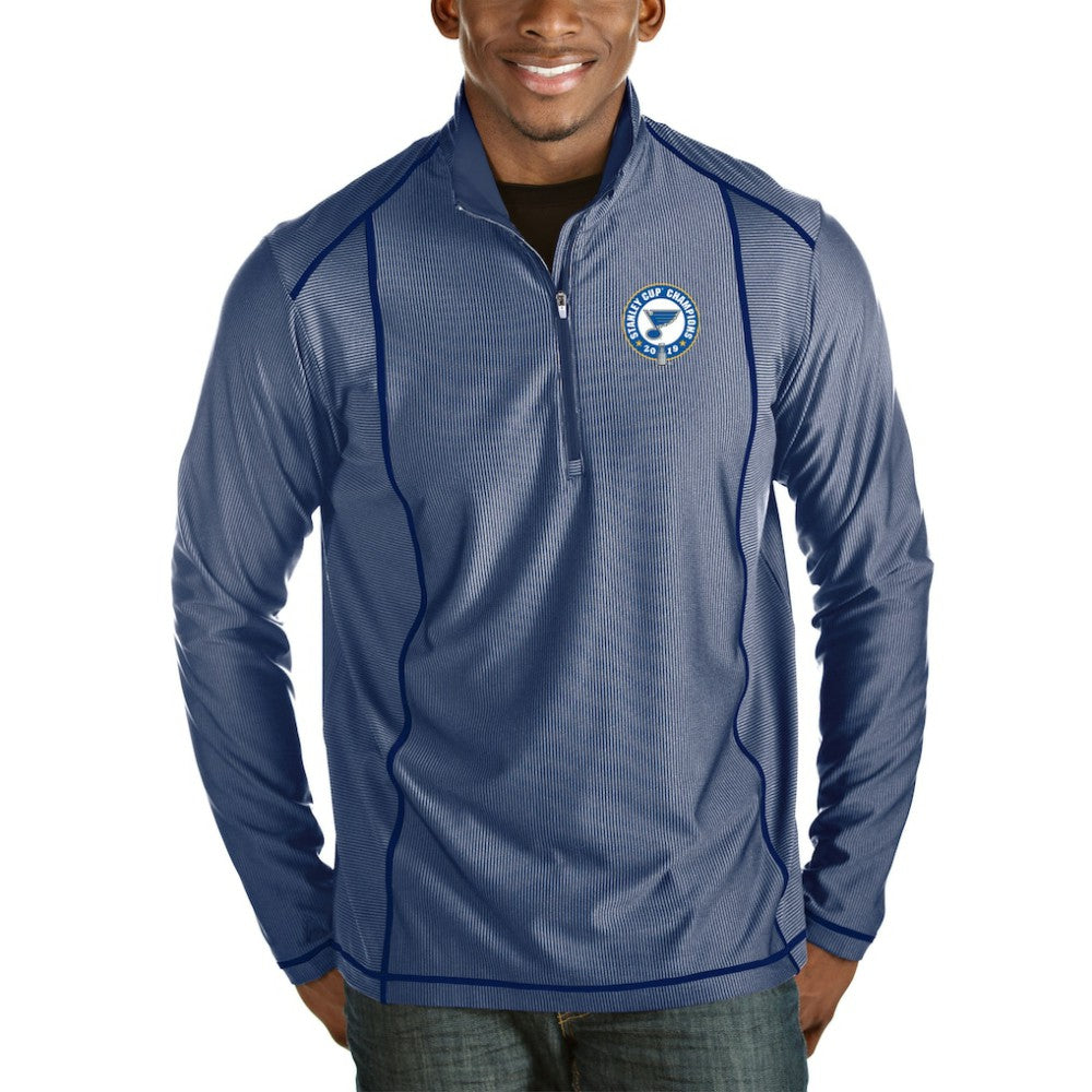 St. Louis Blues - Antigua 2019 Stanley Cup Champions Tempo Quarter-Zip Pullover Jacket Royal/Heather Gray