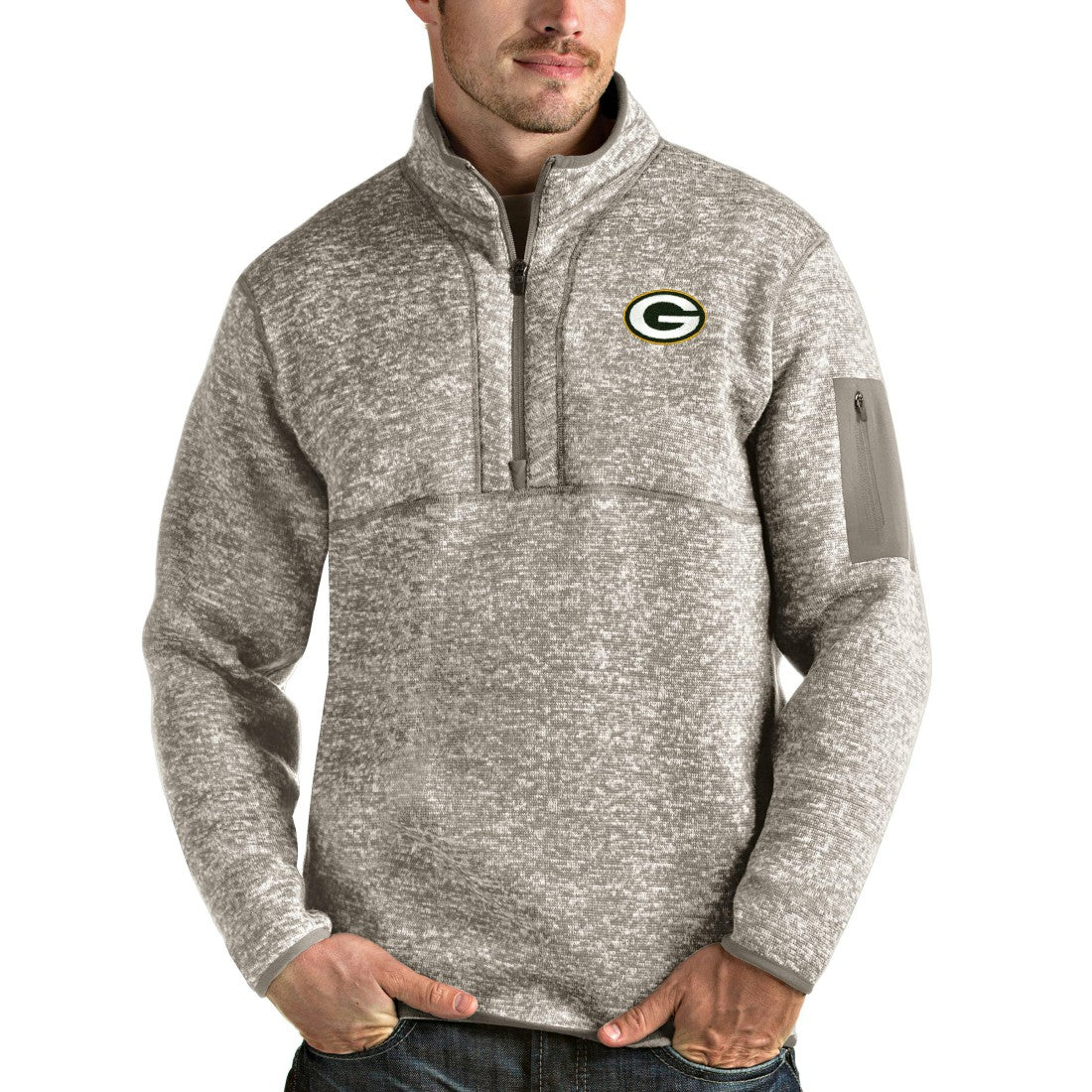 Green Bay Packers Antigua Fortune Quarter-Zip Pullover Jacket Oatmeal - NFL
