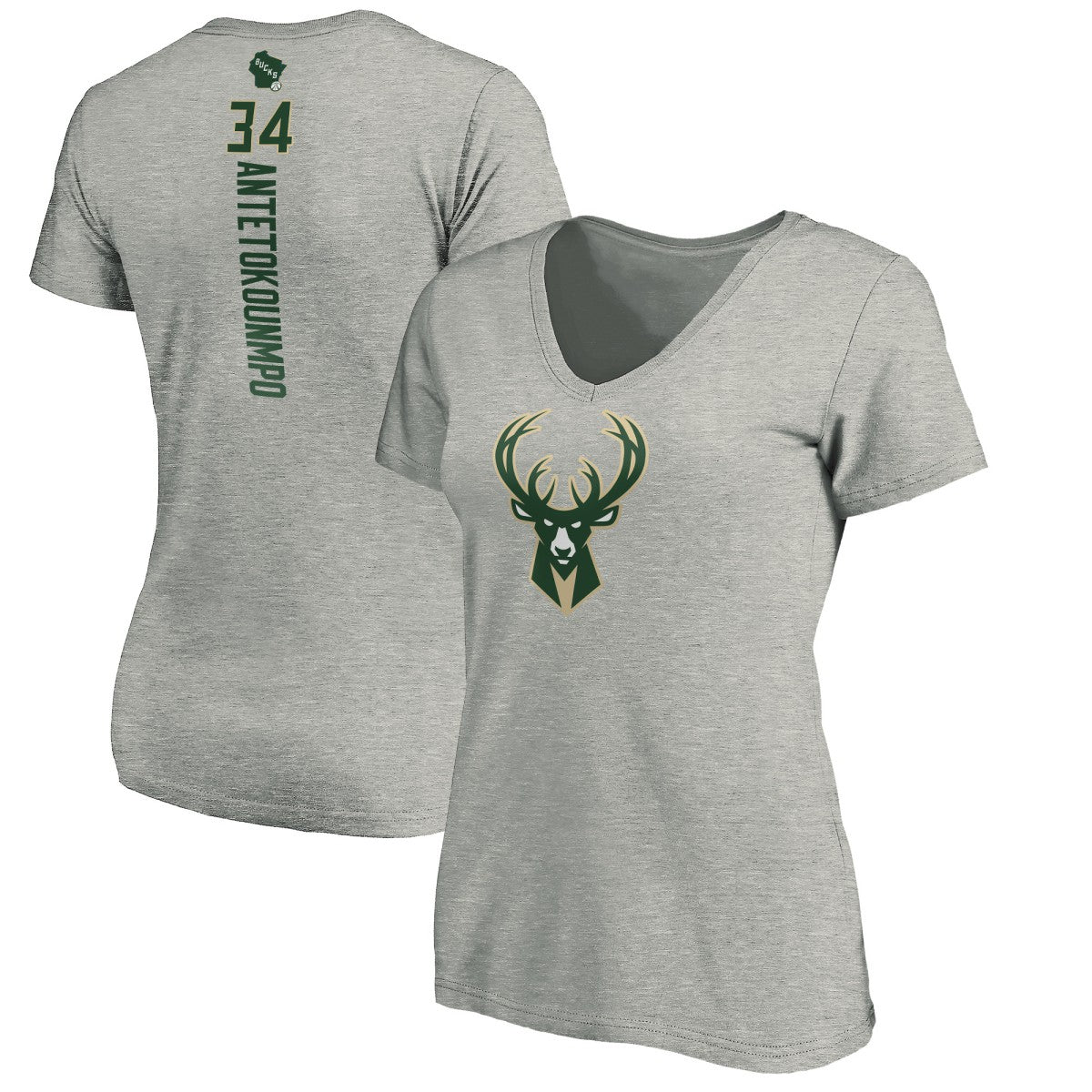 NBA - Giannis Antetokounmpo Milwaukee Bucks Women's Playmaker Name & Number V-Neck T-Shirt - Heathered Gray