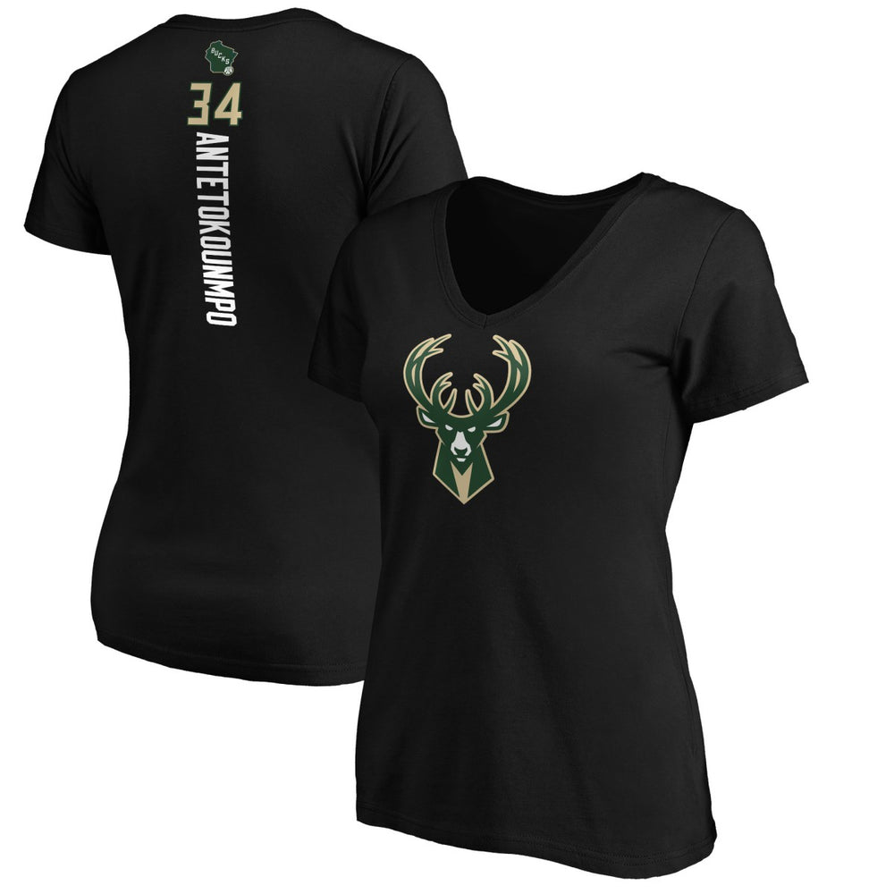 NBA - Giannis Antetokounmpo Milwaukee Bucks Women's Playmaker Name & Number V-Neck T-Shirt - Black