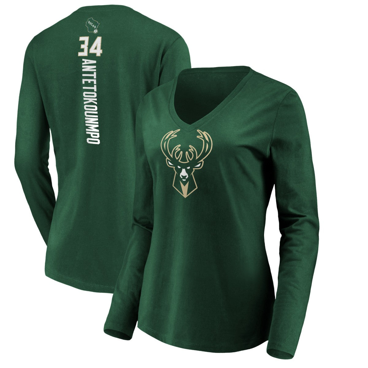 NBA - Giannis Antetokounmpo Milwaukee Bucks Women's Playmaker Name & Number Long Sleeve V-Neck T-Shirt - Green
