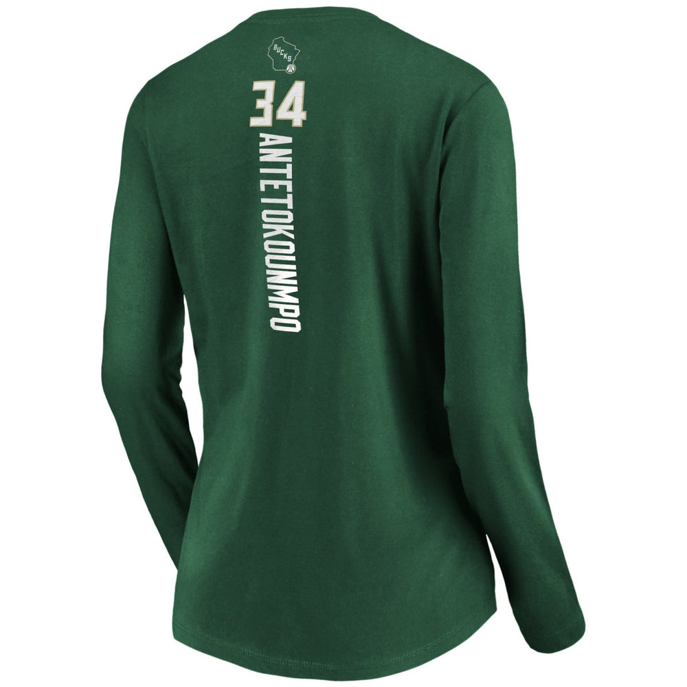 NBA - Giannis Antetokounmpo Milwaukee Bucks Women's Playmaker Name & Number Long Sleeve V-Neck T-Shirt - Green