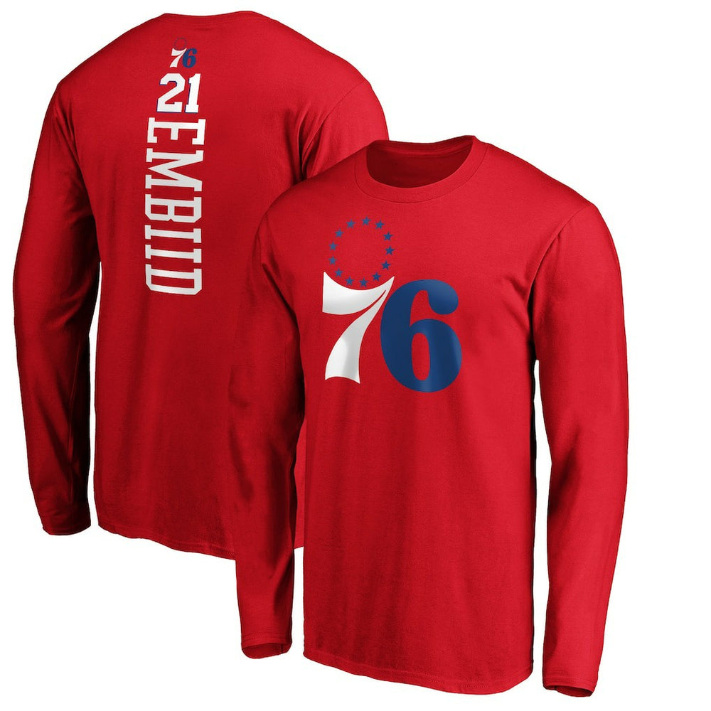 NBA - Joel Embiid Philadelphia 76ers Playmaker Name & Number Long Sleeve T-Shirt - Red