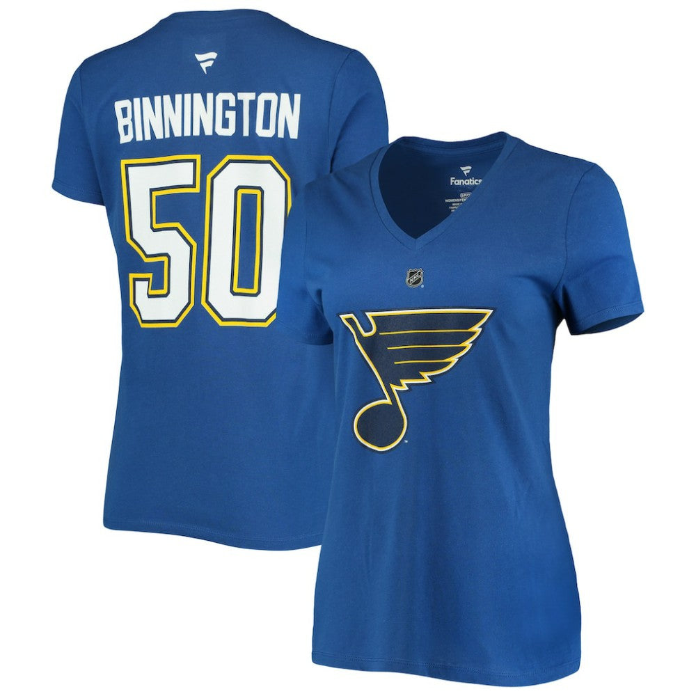Jordan Binnington St. Louis Blues - Fanatics Women's Authentic Stack Name & Number V-Neck T-Shirt Blue