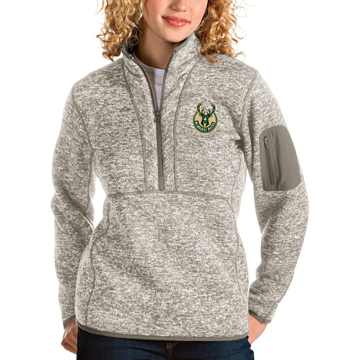 NBA - Milwaukee Bucks Antigua Women's Fortune Quarter-Zip Pullover Jacket - Natural